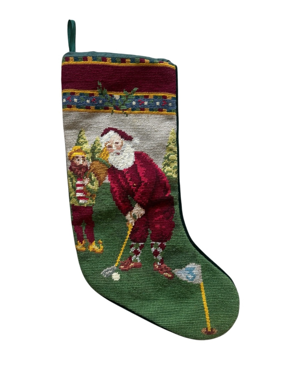 Vintage Wool Needlepoint Golfing Santa Stocking Caddy Christmas Holiday Decor